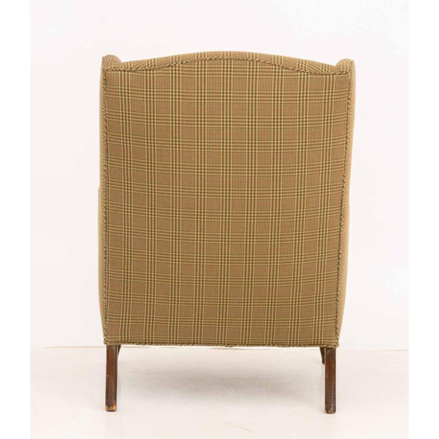 Wood Queen Anne Style Beige Plaid Upholstered Wingback Arm Chair For Sale - Image 7 of 7