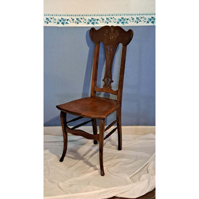 Wood Pair Antique Quarter Sawn Oak Chairs Art Nouveau Carved Backs Tiger Oak C1900 For Sale - Image 7 of 12