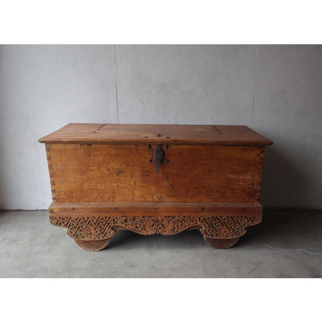 Rustic European Massive 5ft Antique Carved Teak Wheeled Dowry Chest For Sale - Image 3 of 11