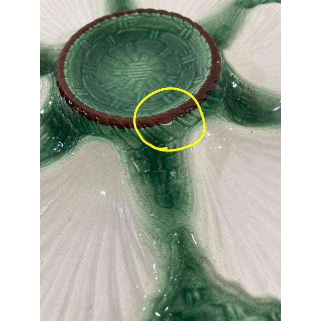 Antique 1920s French Longchamp Majolica Green and White Oyster Plate For Sale - Image 9 of 13