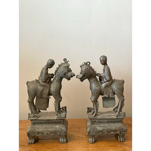 Dark Gray Vintage Asian Pewter Immortal Couple Garden Ornaments - Set of 2 For Sale - Image 8 of 10