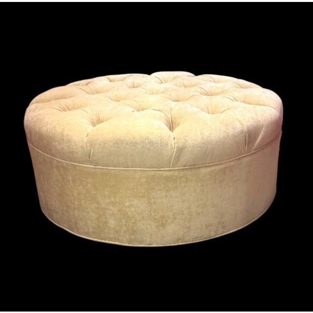 A Large Contemporary Round, Tufted , Custom Upholstered Ottoman. For Sale - Image 4 of 4