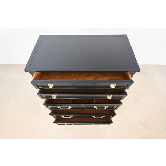 Black French Louis XVI Style Black Lacquered Highboy With Brass Hardware | Newly Refinished For Sale - Image 8 of 18