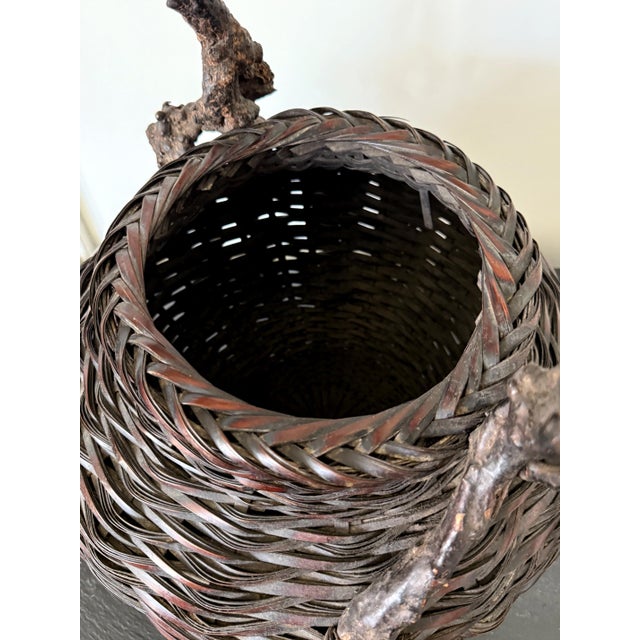 Late 19th Century Large Antique Japanese Smoke Bamboo Basket Wisteria Root Handle Meiji Period For Sale - Image 5 of 16