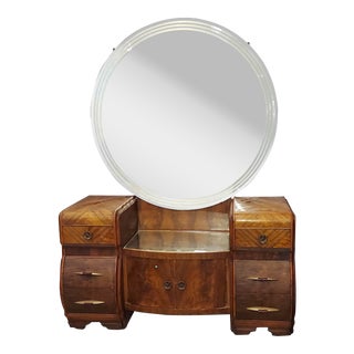 1930s Art Deco Waterfall Round Etched Mirror Vanity For Sale