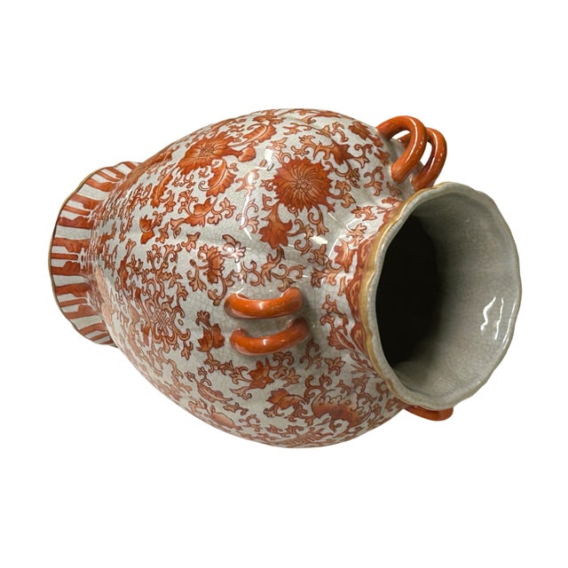 Vintage Oriental Orange Red Floral Baluster Shape Porcelain Art Vase For Sale - Image 4 of 13