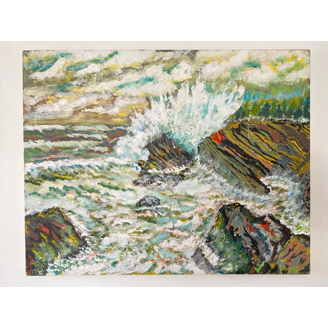 Dynamic vintage abstract seascape painting featuring crashing waves against rugged coastal rocks under a dramatic sky....