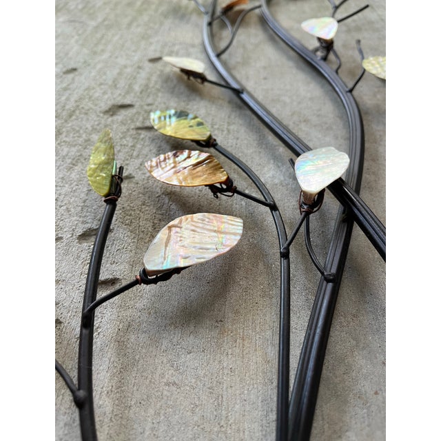 Metal Curtis Jere-Style Wrought Iron Mother of Pearl Leaves Branches Wall Hanging For Sale - Image 7 of 12