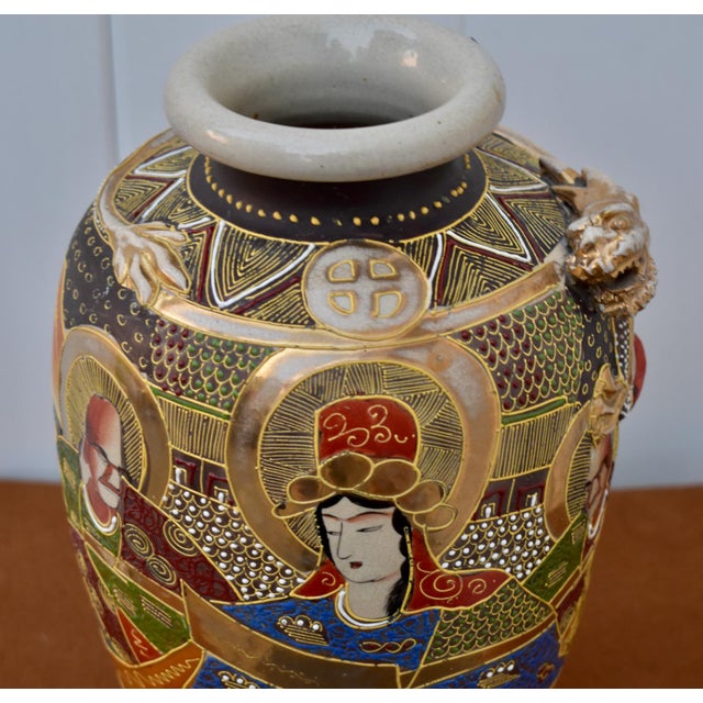 Japanese Vintage Japanese Satsuma Moriage Vase Kannon Goddess & Rakan Dragon For Sale - Image 3 of 14