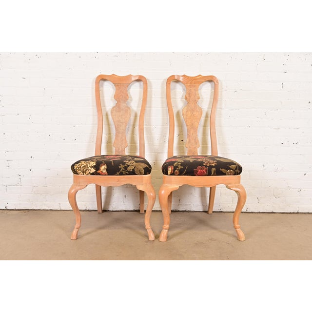 Drexel Heritage Queen Anne Carved Oak and Burl Wood Side Chairs or Dining Chairs, Pair For Sale - Image 11 of 11