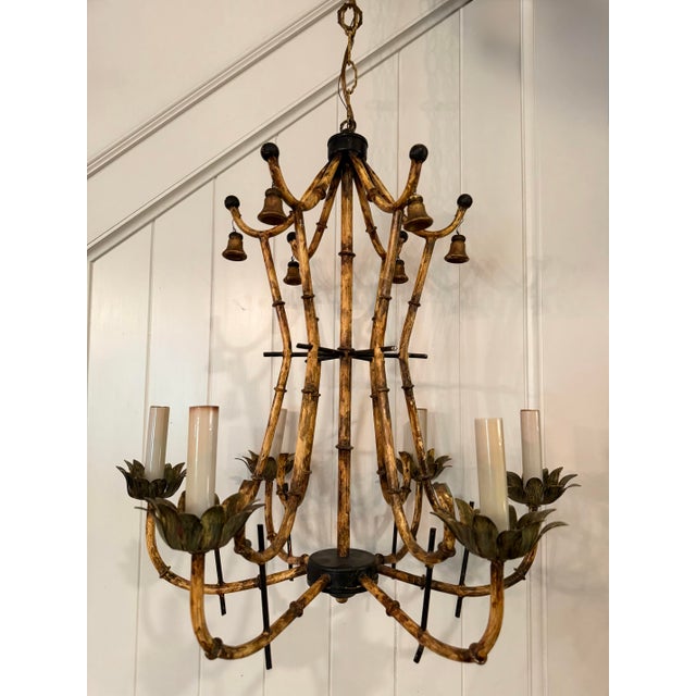 Vintage Faux Bamboo Chinoiserie Chandelier With Bells & Tortoiseshell Finish - Underwriters’ Laboratories For Sale - Image 12 of 12
