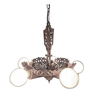1930s Art Deco Brass Five Light Circular Chandelier by Markel W/ Original Chain For Sale
