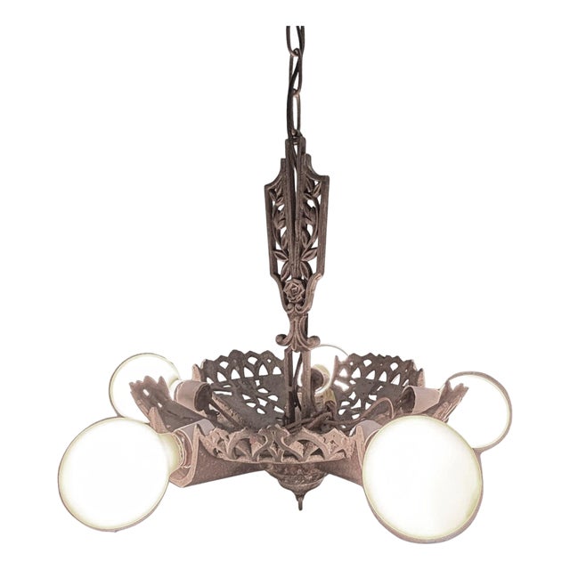 1930s Art Deco Brass Five Light Circular Chandelier by Markel W/ Original Chain For Sale