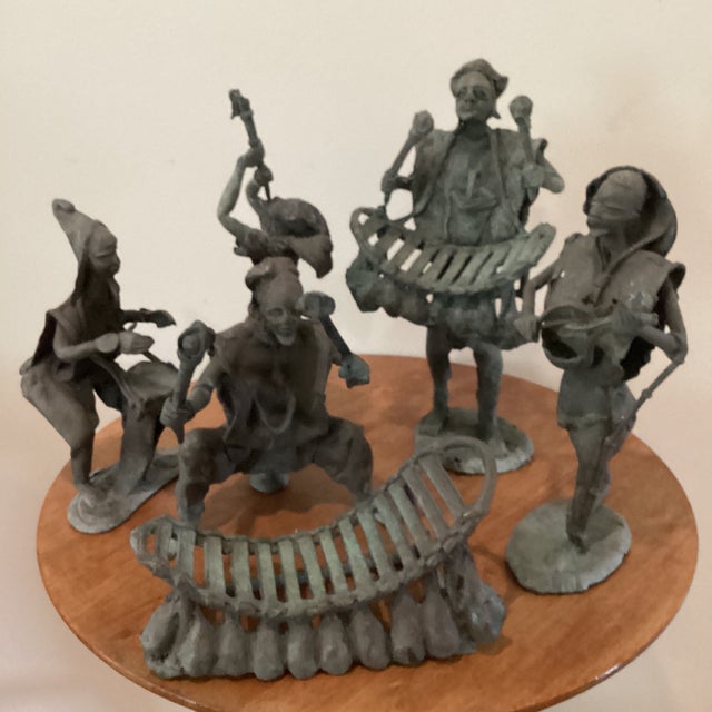 Cerulean Antique Ashanti Figural Bronze Musicians Group Sculptures Deep Verdigris 6 Pieces For Sale - Image 8 of 12