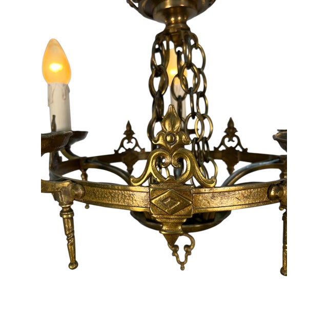 American 1920s Cast Brass 5 Light Chandelier With White Candles For Sale - Image 3 of 10