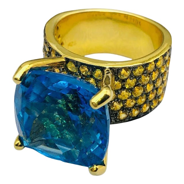 Bochic "Orient" Yellow Sapphire & Blue Topaz Ring Set In 18K Gold & Silver For Sale
