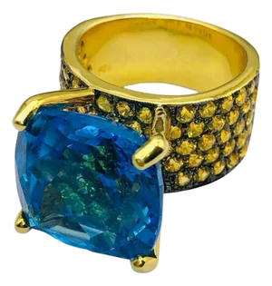 Bochic "Orient" Yellow Sapphire & Blue Topaz Ring Set In 18K Gold & Silver