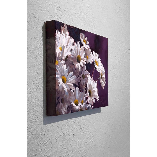 Joyful Daisies by Tracy Wall | Oil on canvas White daisies against a dark purple background For Sale - Image 4 of 5