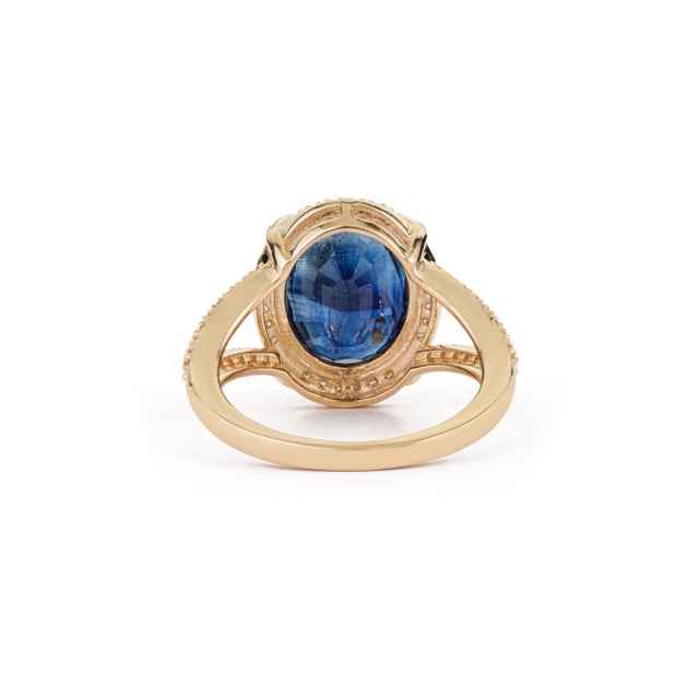Royal 6.11ct Blue Sapphire Diamond Split-Shank Halo Ring Size 4 in 14k Gold For Sale - Image 9 of 17