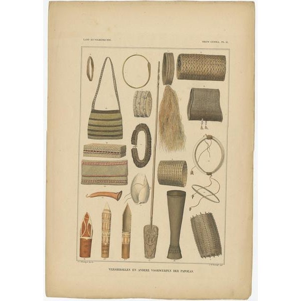 Antique print titled "Ornaments and other objects of the Papua." This print originates from "Treaties on the natural...
