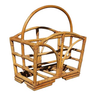 Restored Rattan Magazine Rack With Stacked Base For Sale