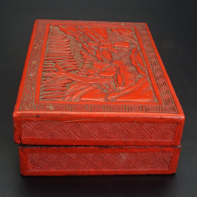 Paint Chinese Rectangular Cinnabar Lacquer Box 19th Century For Sale - Image 7 of 18