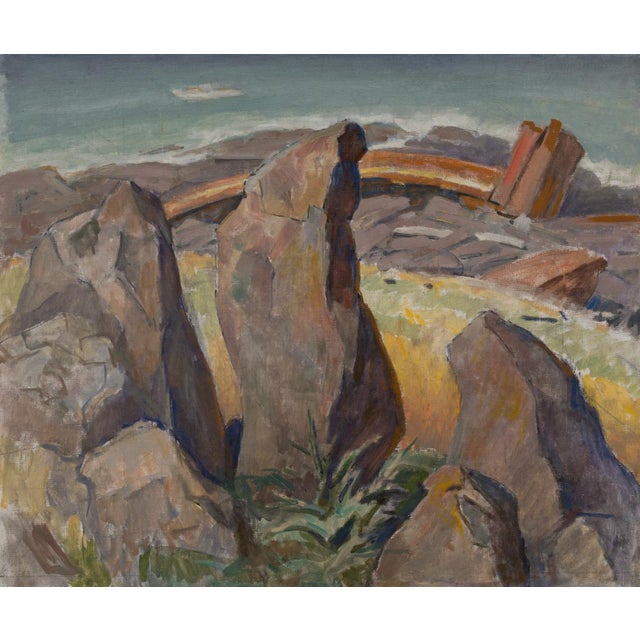 Fantastic midcentury abstract rugged rocky landscape painting on artist board by New York artist Edmund Franklin Ward...