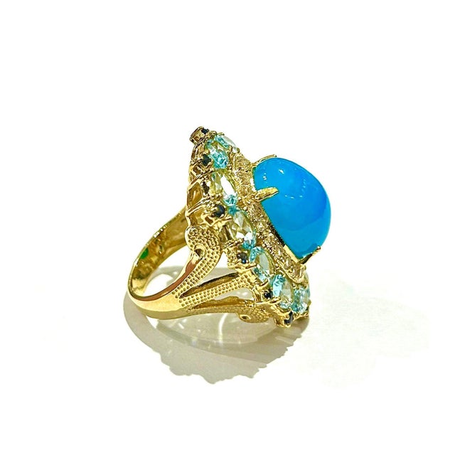 Blue Bochic “Capri” Vintage Blue Opal, AquaMarine & White Topaz Ring - 18K Gold & Sil For Sale - Image 8 of 8
