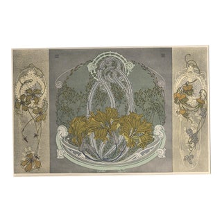 1907 Antique French Art Nouveau Botanical Design Chromolithograph, Matted For Sale