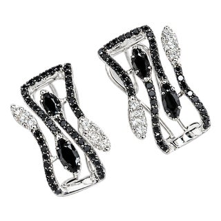 Mid 20th Century 14k White Gold Black Diamond Leaf Huggie Earrings Estate, Pair For Sale