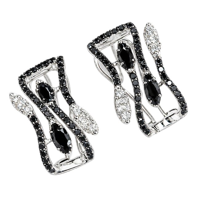 Mid 20th Century 14k White Gold Black Diamond Leaf Huggie Earrings Estate, Pair For Sale