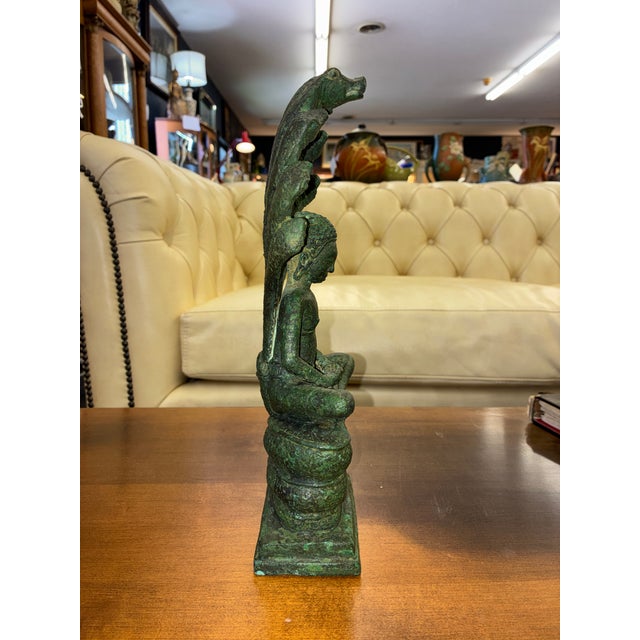 Teal Khmer Bronze Naga Enthroned Buddha, 13th Century, Bayon Period For Sale - Image 8 of 14