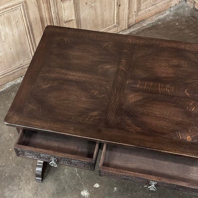 Antique Neo Gothic Carved Oak Trestle Three Drawer Writing Desk For Sale - Image 17 of 18