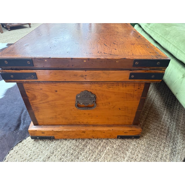 Wood 19th Century Antique Pine Trunk/Coffee Table With Iron Detail For Sale - Image 7 of 9