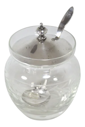 Vintage 1950s Mid Century Etched Decorated Crystal & Sterling Silver Jam Jar & Spoon Set