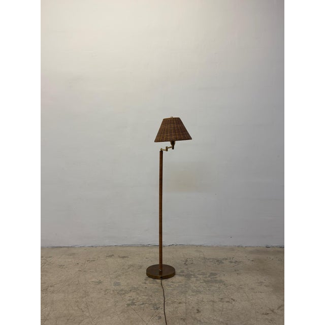 Mid-Century Brass and Rattan Wrapped Floor Lamp With Wicker Shade, 1960s For Sale In Miami - Image 6 of 12