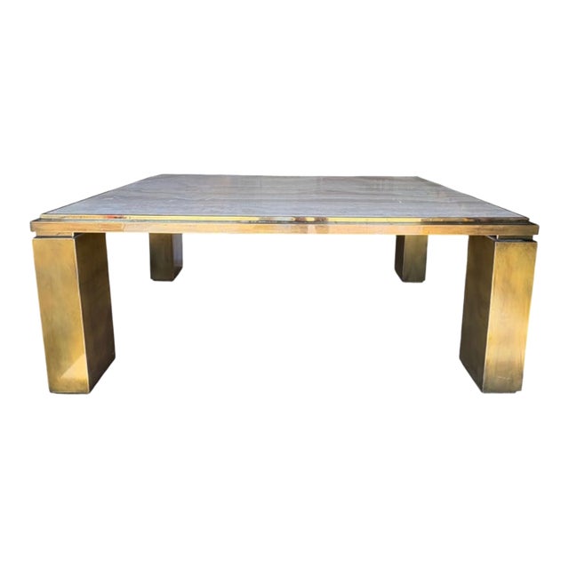 1970s French Modern Brass and Travertine Dining Table For Sale