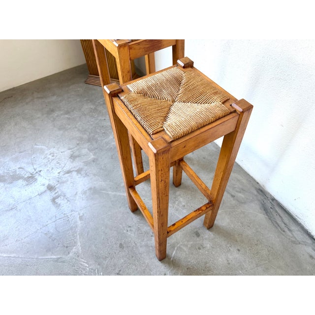 Wood Brutalist High Stool in Wood and Woven Straw, 1960s For Sale - Image 7 of 15