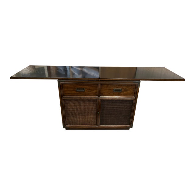 MCM Henredon Campaign Style Walnut and Rattan Rolling Bar/Cabinet W/ Expandable Flip Top For Sale