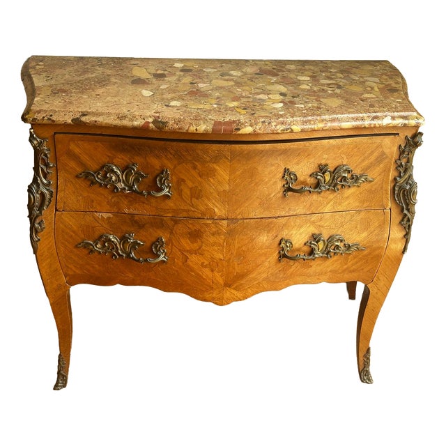 Louis XV Style Marquetry Bombé Commode with Marble Top, 1800s For Sale