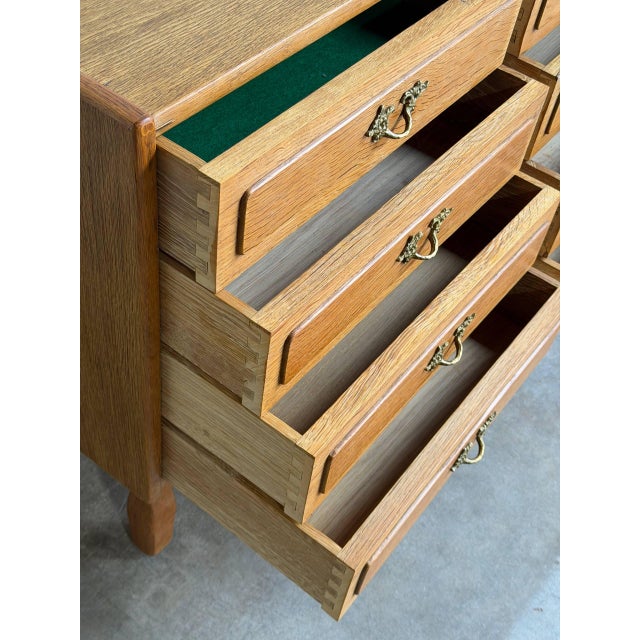 Brass In Style of Henning Kjærnulf Oak Wooden Dresser Lowboy Chest of Drawers Denmark 1960s For Sale - Image 8 of 10