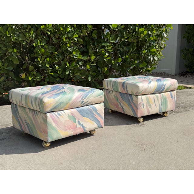 Vintage Postmodern Upholstered Cube Ottomans on Brass Casters, a Pair For Sale - Image 4 of 12