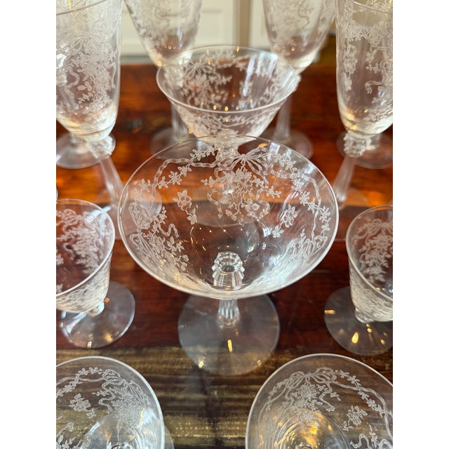 1950s 18-Piece Set of Vintage Fostoria Romance Pattern Etched Crystal Glassware With Flowers and Ribbon Designs For Sale - Image 5 of 14