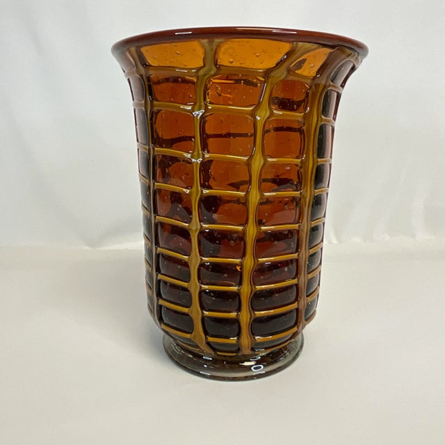 1980s Handblown Amber Glass Vase With Opaque Grid Design Encased For Sale - Image 6 of 10