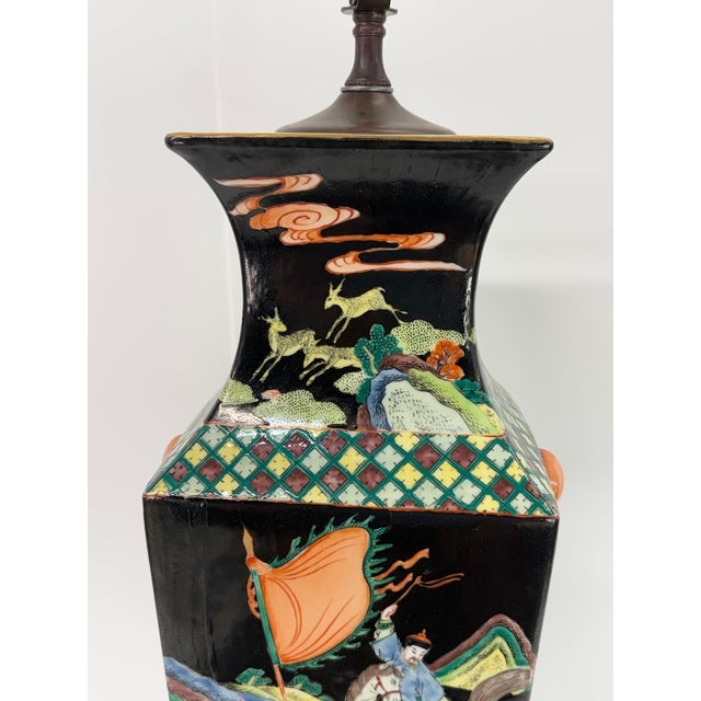 1980s Chinese Famille Noire Square Vase Lamp For Sale - Image 10 of 16