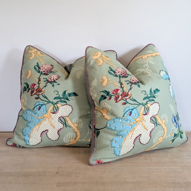 Transitional Brunschwig & Fils Fabriano Pillows in Jade With Lavender Braided Cord For Sale - Image 3 of 5