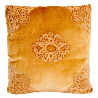 Vintage Velvet Pillow Tan and Gold Color Embroidered in Moorish Designs For Sale