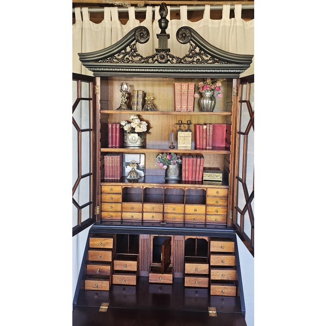 Chippendale 1940s Black Chippendale Style Secretary Desk/ Secretary Hutch, 2 Piece Cabinet For Sale - Image 3 of 17