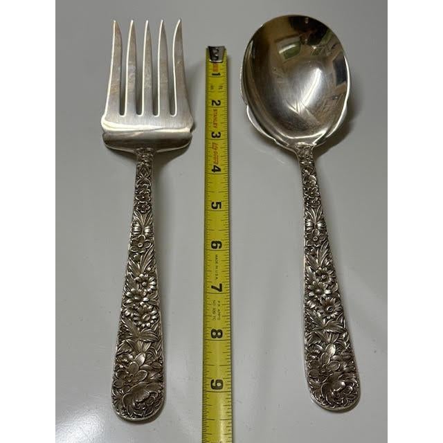 1950s S. Kirk Repousse Pattern Sterling Silver Large Heavy Serving Spoon & Fork Utensil Set. No Monogram For Sale - Image 9 of 15