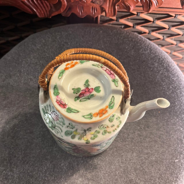 Late 19th Century Antique Famille Rose Porcelain Tea Pot With Insulated Wicker Basket For Sale - Image 5 of 13